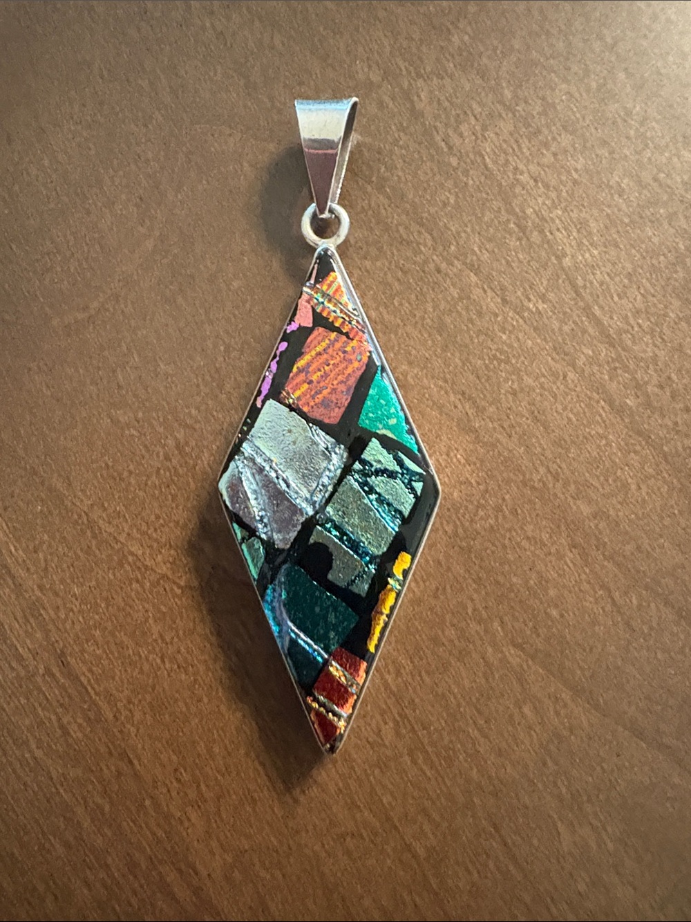 New Multicolor Dichroic Stained Glass-Inspired Rhombus Pendant 925 Silver Stamp - Picture 11 of 11